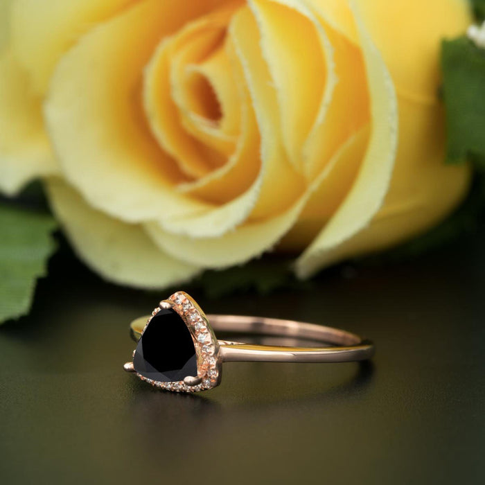 1.25 Carat Trillion Cut Halo Black Diamond and Diamond Engagement Ring in Rose Gold Flawless Ring