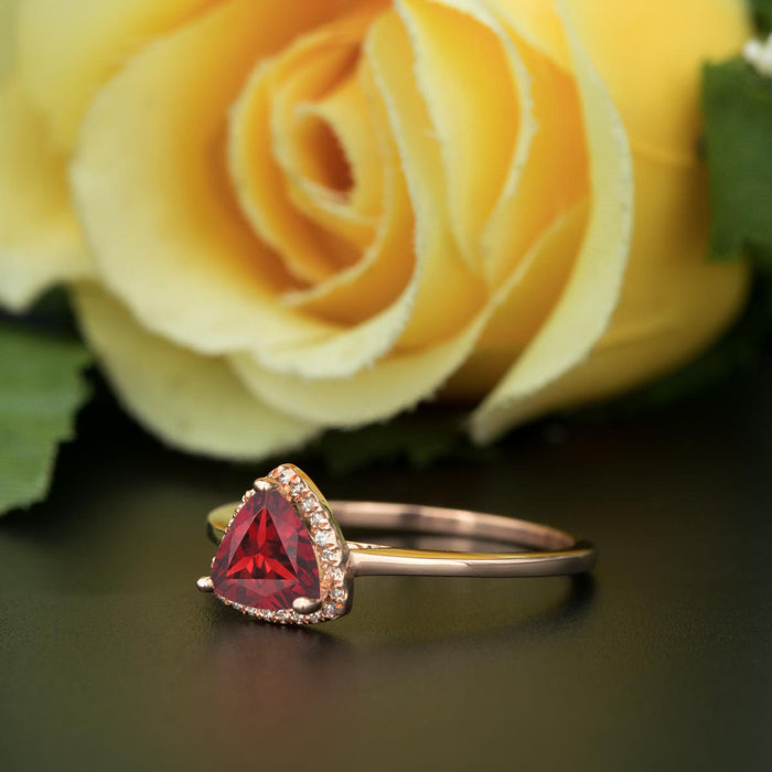 1.25 Carat Trillion Cut Halo Ruby and Diamond Engagement Ring in 9k Rose Gold Flawless Ring