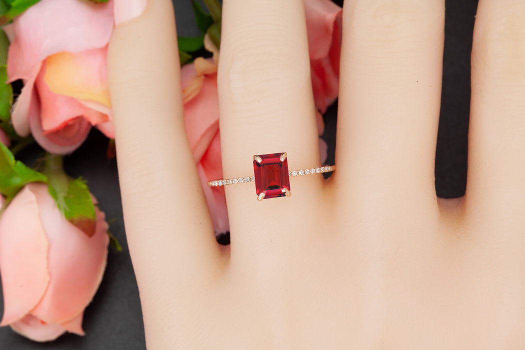 Dazzling 1.25 Carat Emerald Cut Ruby and Diamond Engagement Ring in 9k Rose Gold