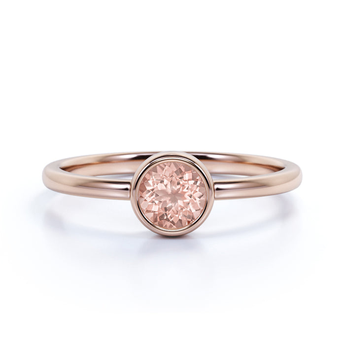 Minimalist 1 Carat Bezel Set Peach Pink Round Morganite Solitaire October Birthstone Ring in Rose Gold