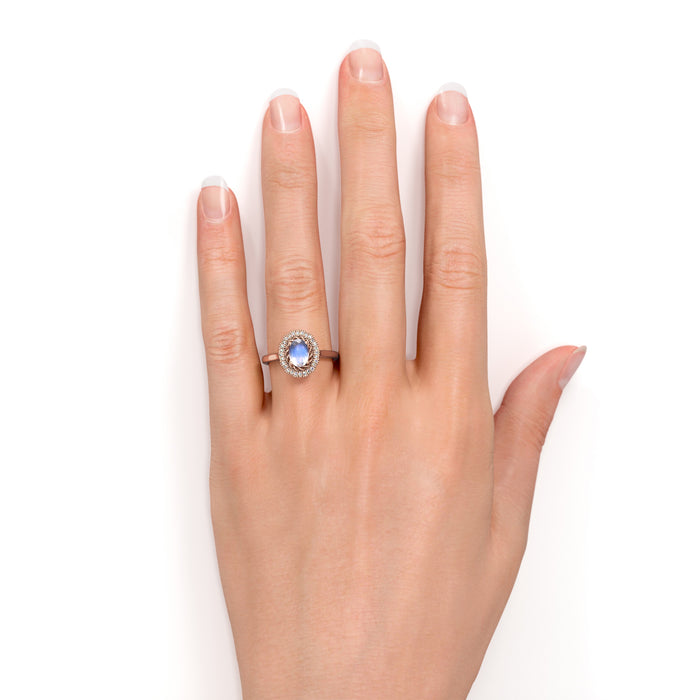 1.50 Carat Antique Oval Blue Moonstone & Diamond Vintage Engagement Ring in Rose Gold