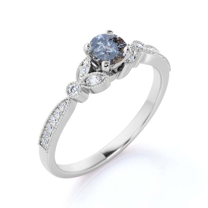 0.65 Carat Round Cut Rustic Salt and Pepper Diamond Butterfly Engagement Ring in White Gold