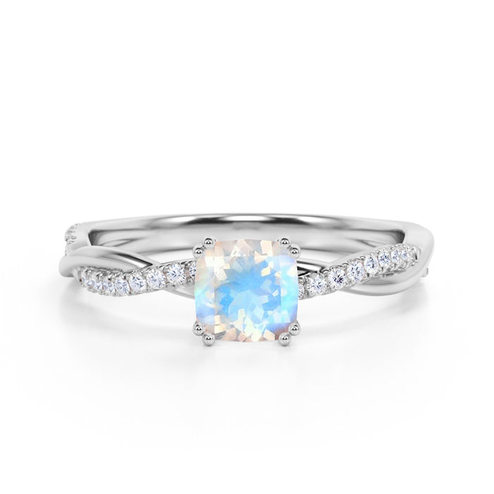 1.50 Carat Cushion Cut Rainbow Moonstone & Diamond June Birthstone Infinity Engagement Ring in White Gold