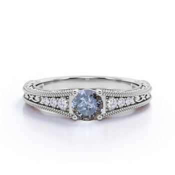 0.60 Carat Round Brilliant Grey Salt and Pepper Diamond Edwardian Engagement Ring in White Gold