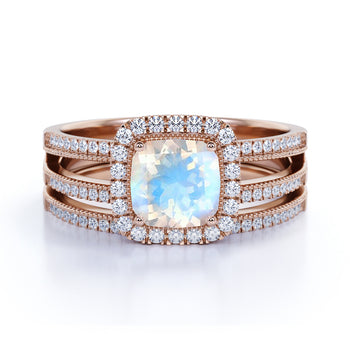 1.75 Carat Cushion Cut Rainbow Moonstone & Diamond Halo Wedding Ring Set in Rose Gold