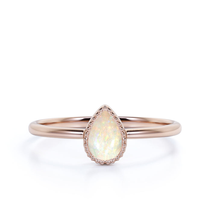Simple 1 Carat Real Bezel Set Pear Shaped Fire Opal Solitaire Engagement Ring in Rose Gold