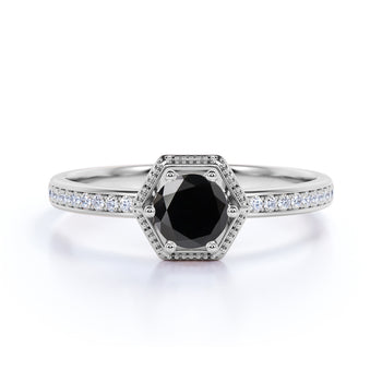 1.50 Carat Basket Set Round Cut Black Diamond with White Diamond Accents Halo Engagement Ring in White Gold