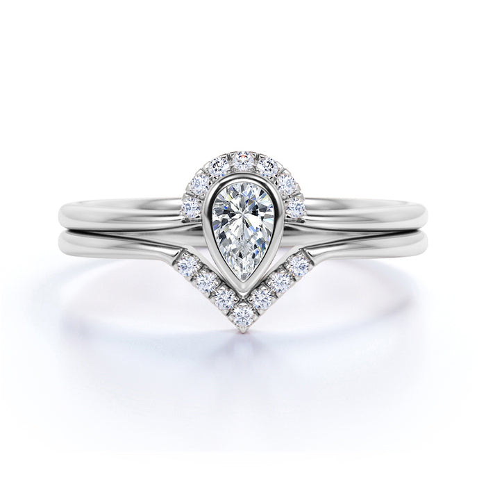 Art Deco .75 Carat Bezel Pear Shaped Moissanite & Diamond Wedding Ring Set in Rose Gold