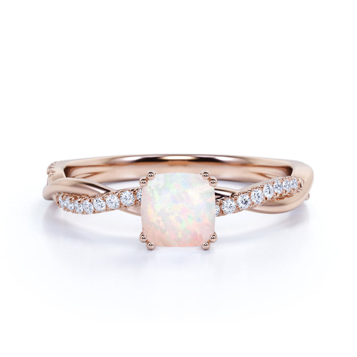 1.5 Carat Natural Cushion Rainbow Opal and Pave Diamond Twist Engagement Ring in Rose Gold