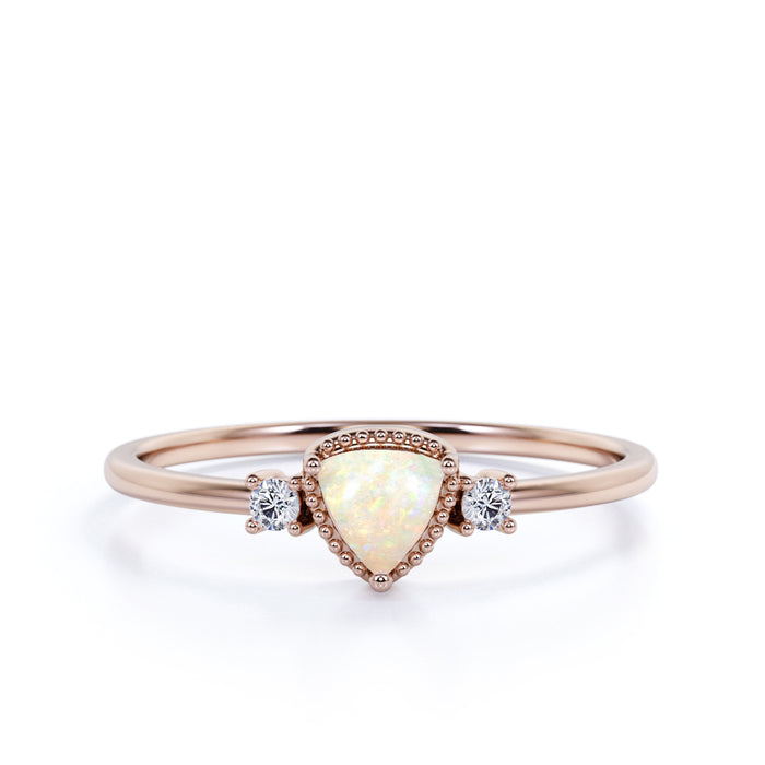 Vintage 1.5 Carat Genuine Trillion Cut Australian Opal and Diamond Accents 3 Stone Engagement Ring in Rose Gold
