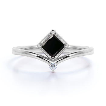 Unique 1.50 Carat Princess Cut Black Diamond and White Diamond Duo Chevron Engagement Ring in White Gold