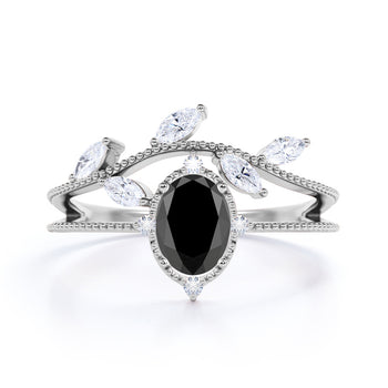 2 Carat Oval Cut Black Diamond with Marquise and Round Cut White Diamond Accents Vintage Engagement Ring in White Gold