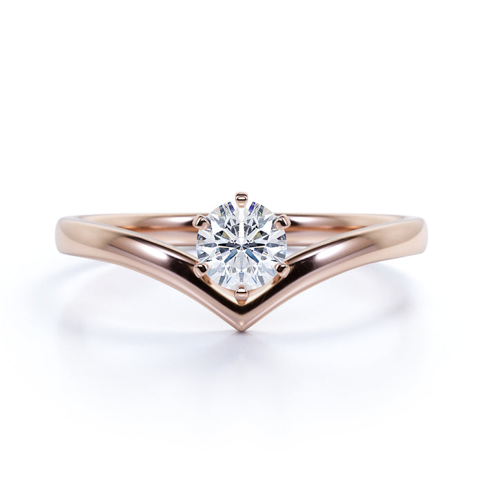 Vintage 6 Prong .33 Carat Round Cut Moissanite Solitaire Chevron Engagement Ring in Rose Gold