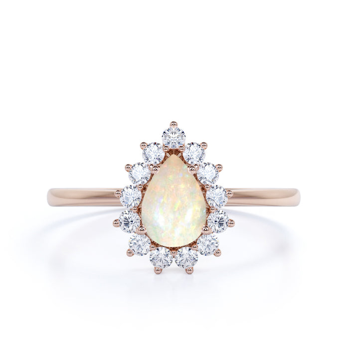 Elegant 2 Carat Real Vintage Pear Shaped Australian Opal and Diamond Halo Engagement Ring in Rose Gold