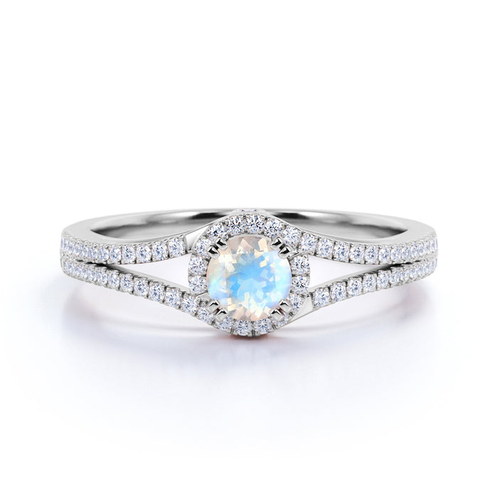 Vintage Round Rainbow Moonstone & Diamond Split Shank Engagement Ring in Rose Gold