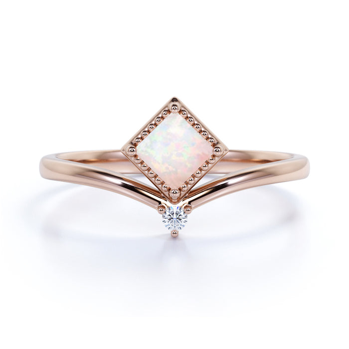 Unique 1.5 Carat Genuine Princess Cut Fire Opal and Diamond Duo Chevron Engagement Ring in Rose Gold