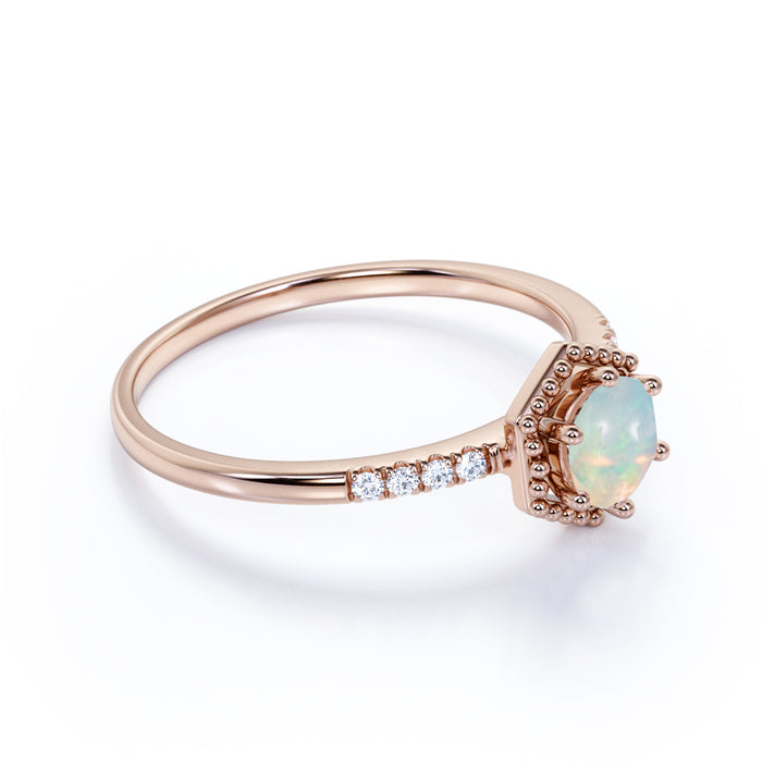 1.5 Carat Genuine Basket Set Round Blue Fire Opal and Pave Diamond Halo Engagement Ring in Rose Gold