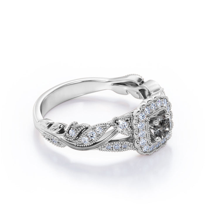 0.75 Carat Round Cut Grey Salt and Pepper Diamond Nature Inspired Engagement Ring in White Gold