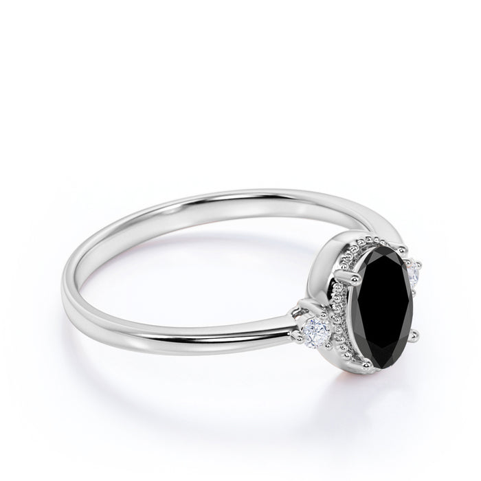 1.50 Carat Vintage Oval Cut Black Diamond and White Diamond Milgrain 3 Stone Engagement Ring in White Gold