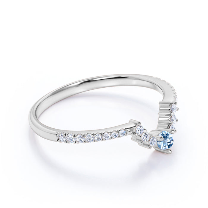 Vintage .65 Carat Round Aquamarine & Diamond Dainty Stacking Wedding Ring Band in White Gold