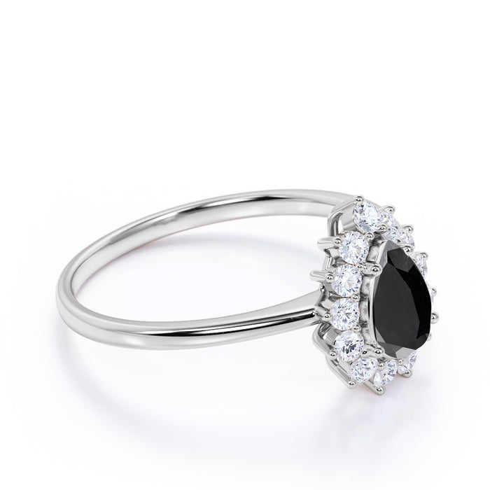 Elegant 2 Carat Vintage Pear Cut Black Diamond and White Diamond Halo Engagement Ring in White Gold