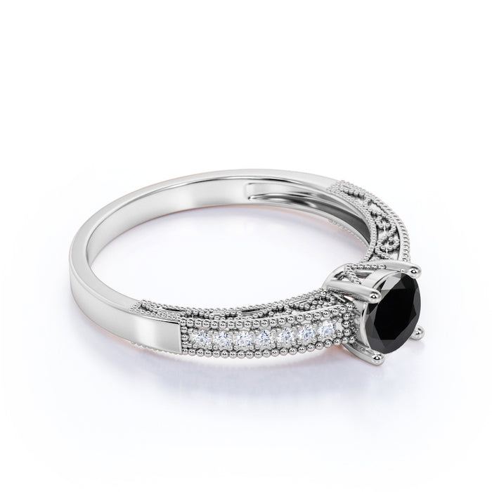 Classic Vintage 1 Carat Round Cut Black Diamond and White Diamond Accents Milgrain Engagement Ring in White Gold
