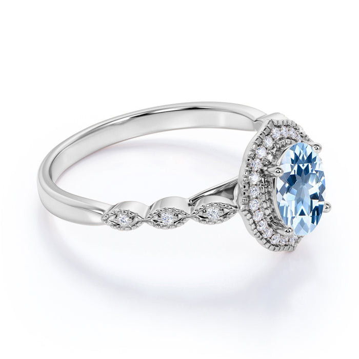 1.5 Carat Vintage Art Deco Oval Aquamarine & Diamond Pave Halo Wedding Ring in White Gold