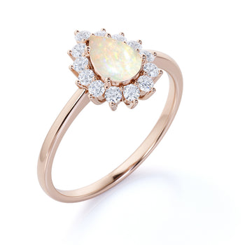 Elegant 2 Carat Real Vintage Pear Shaped Australian Opal and Diamond Halo Engagement Ring in Rose Gold