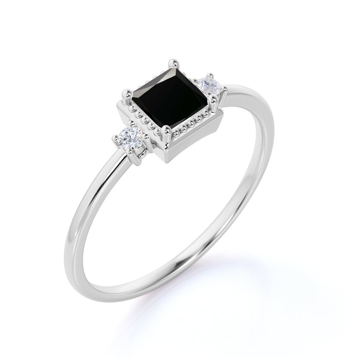 Vintage 1.5 Carat princess Cut Black Diamond and White Diamond Accents 3 Stone Engagement Ring in White Gold