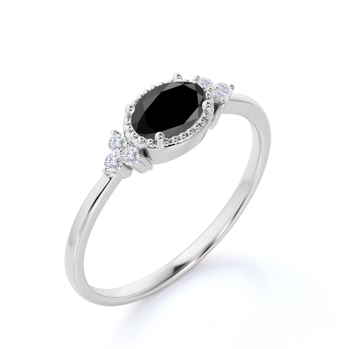 1.50 Carat Vintage Oval Cut Black Diamond and White Diamond Accents Semi Halo Crown Engagement Ring in White Gold