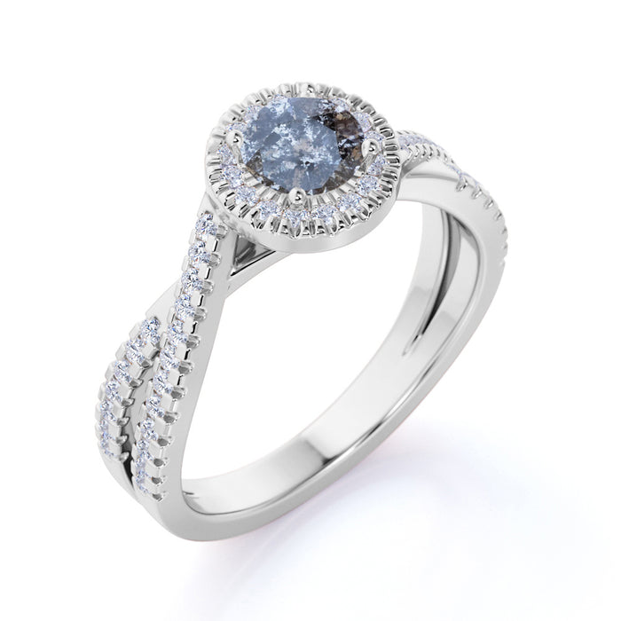 1 Carat Round Cut Dark Grey Salt and Pepper Diamond Shared Prong Engagement Ring in White Gold