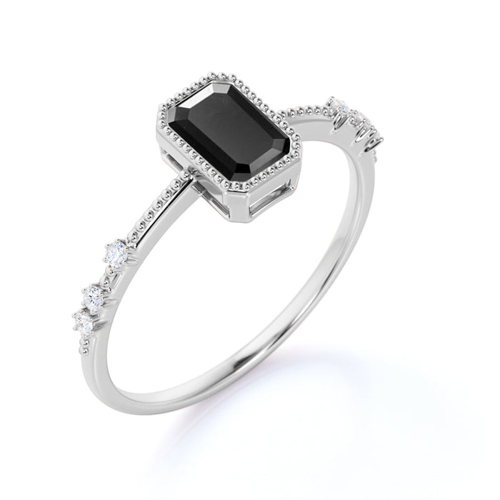 Unique 1.5 Carat Emerald Cut Black Diamond and White Diamond Milgrain Engagement Ring in White Gold