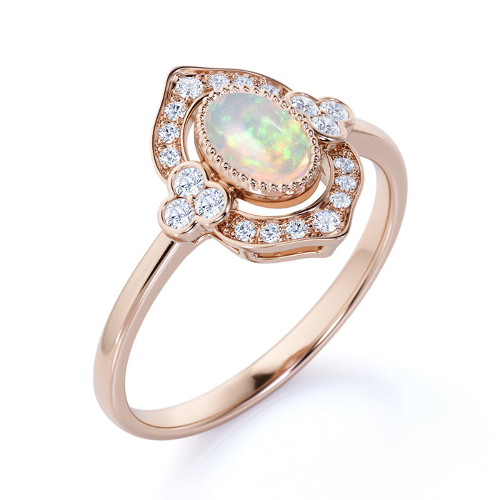 2 Carat Natural Art Deco Oval Australian Opal and Diamond Vintage Halo Engagement Ring in Rose Gold