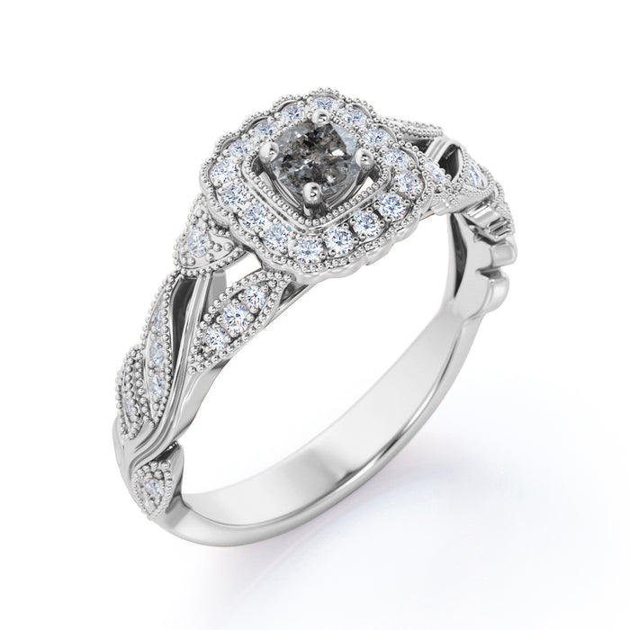 0.75 Carat Round Cut Grey Salt and Pepper Diamond Nature Inspired Engagement Ring in White Gold