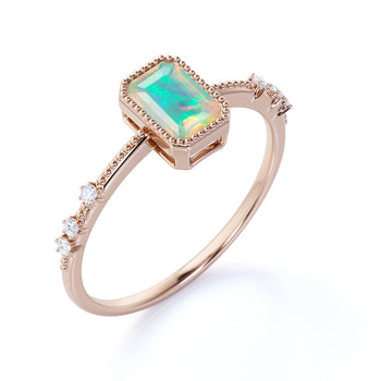 Unique 1.5 Carat Genuine Emerald Cut Australian Opal and Diamond Milgrain Engagement Ring in Rose Gold