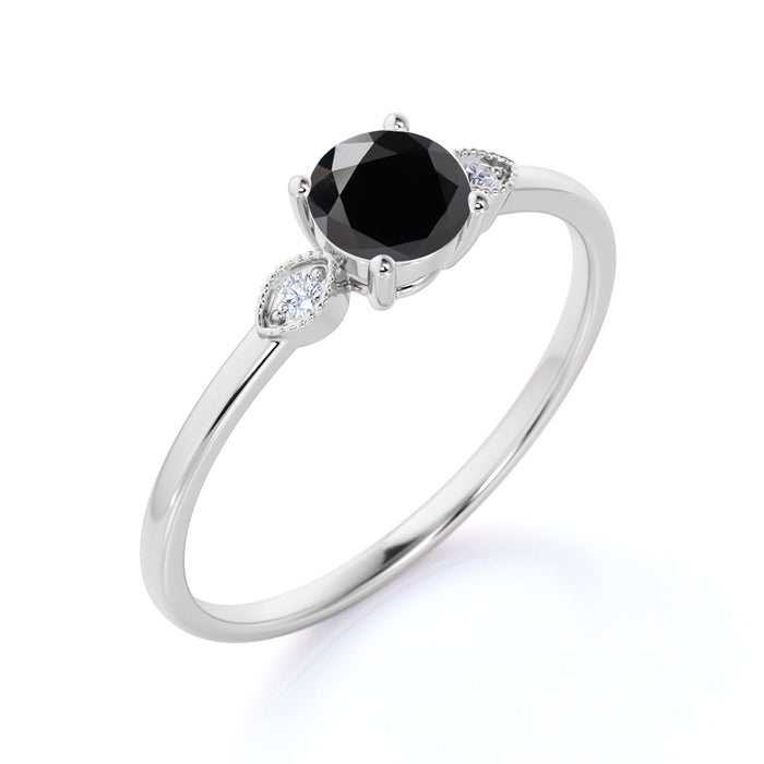 1.25 Carat Vintage 3 Stone Round Black Diamond and White Diamond Milgrain Engagement Ring in White Gold