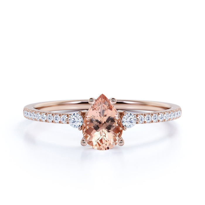 1.5 Carat Three Stone Peach Morganite and Pave Diamond Accents Engagement Ring in Rose Gold