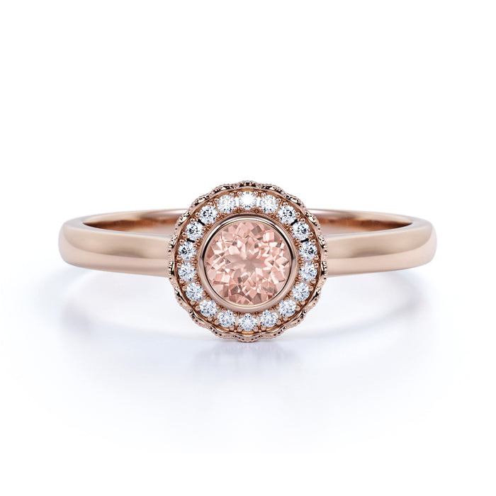 Halo 1.50 Carat Round Pink Morganite Bezel Set Milgrain Wedding Ring in Rose Gold