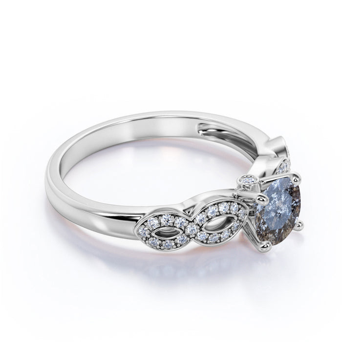 0.75 Carat Round Brilliant Rustic Salt and Pepper Diamond Infinity Twisted Engagement Ring in White Gold