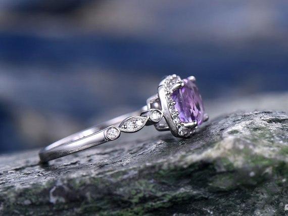 1.25 Carat Purple Amethyst and Diamond art deco engagement ring in White Gold