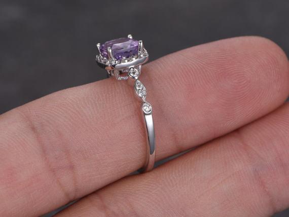 1.25 Carat Cushion Amethyst and Diamond Halo Engagement Ring in White Gold