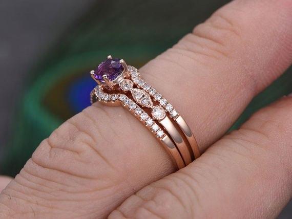 2 Carat Round Amethyst and Diamond Engagement Trio Wedding Bridal Ring Set in Rose Gold