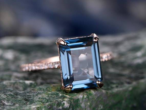 1.50 Carat Emerald Cut London Blue Topaz and Diamond Half Infinity Engagement Ring in Rose Gold