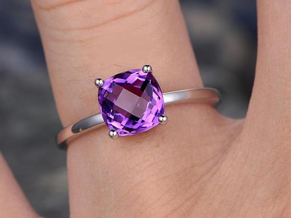 1 Carat Cushion Amethyst Solitaire Engagement Ring for Women in White Gold