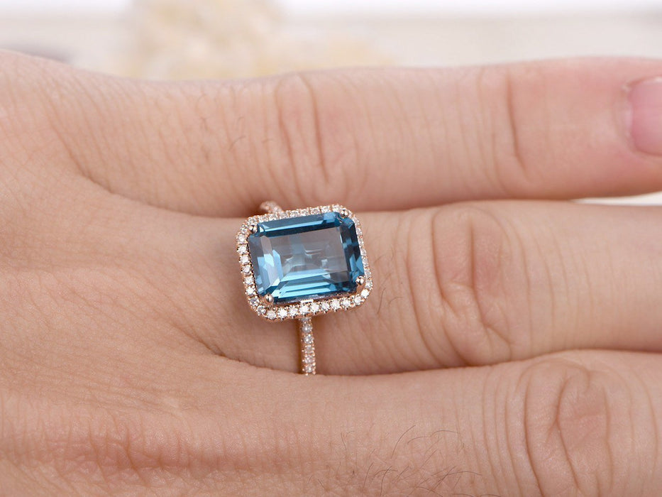 1.50 Carat Emerald Cut London Blue Topaz and Diamond Engagement Ring in Rose Gold