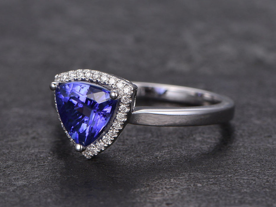 1.25 Carat Trillion Cut Tanzanite Diamond Halo Engagement Ring in White Gold