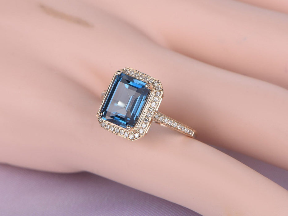 1.25 Carat Emerald Cut London Blue Topaz and Diamond Split Shank Half Eternity Engagement Ring in Rose Gold