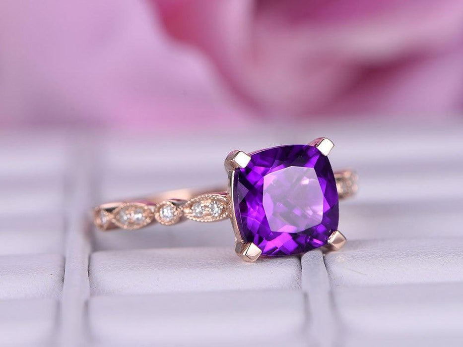 1.25 Carat Cushion Amethyst and Diamond Half Eternity Engagement Ring in Rose Gold