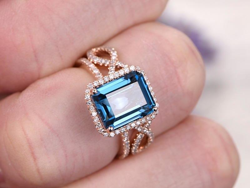 2 Carat Emerald Cut London Blue Topaz and Diamond Halo Split Shank Wedding Ring Set in Rose Gold