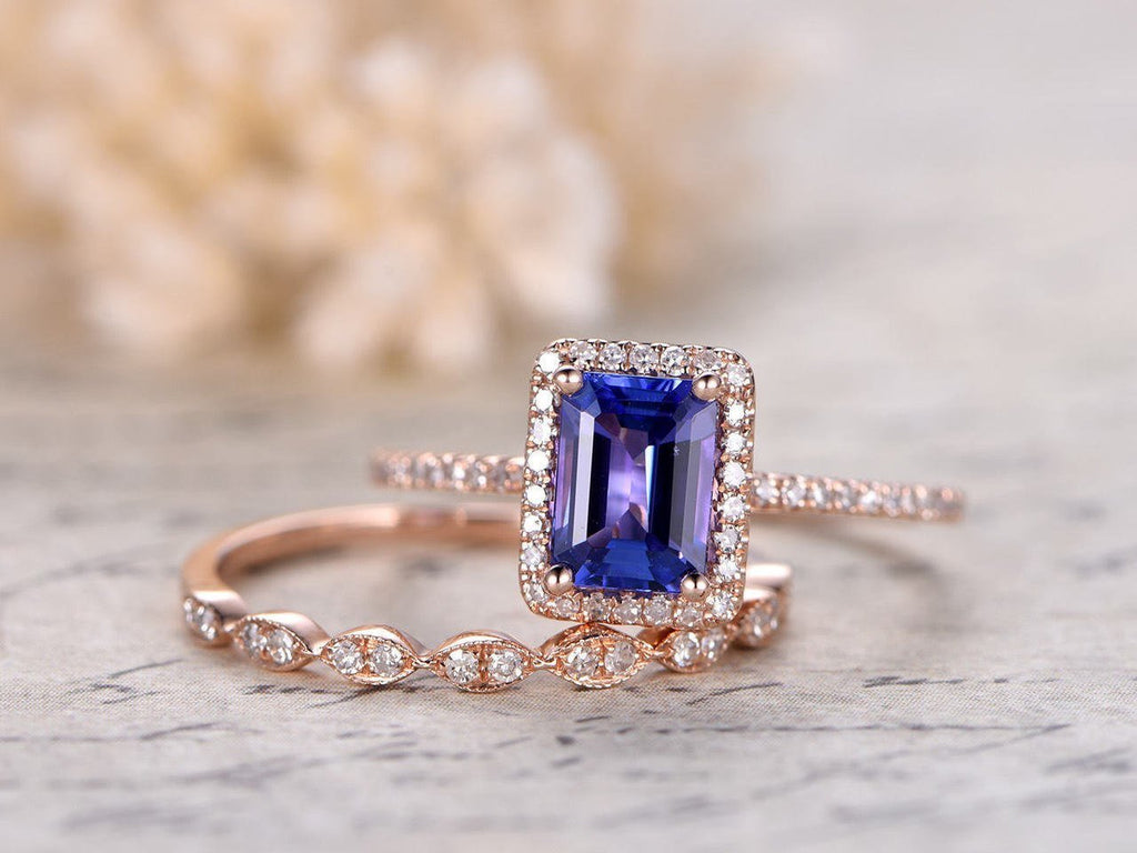 Emerald cut tanzanite and diamond ring store